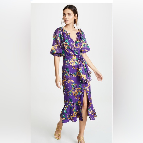 NWT SALONI Olivia Floral Printed Silk Midi Dress ~ Violet Sweetpeas SZ 10 - Picture 4 of 11